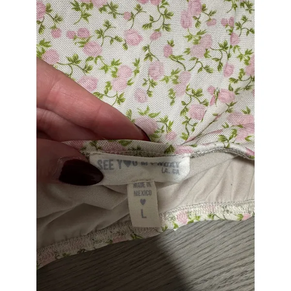 See You Monday Floral Mesh Two Piece Set Pink Rose Tube Top Mini Skirt Large - Image 3