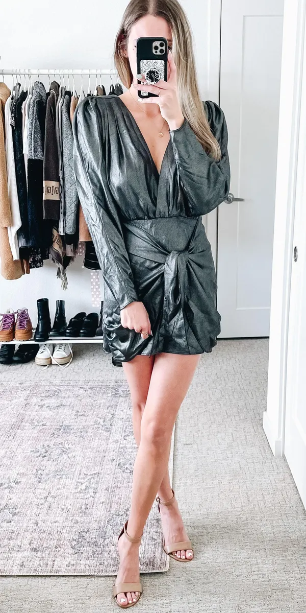 L'Academie The Dore Silver Front Tie Long Sleeve Mini Dress - Image 5