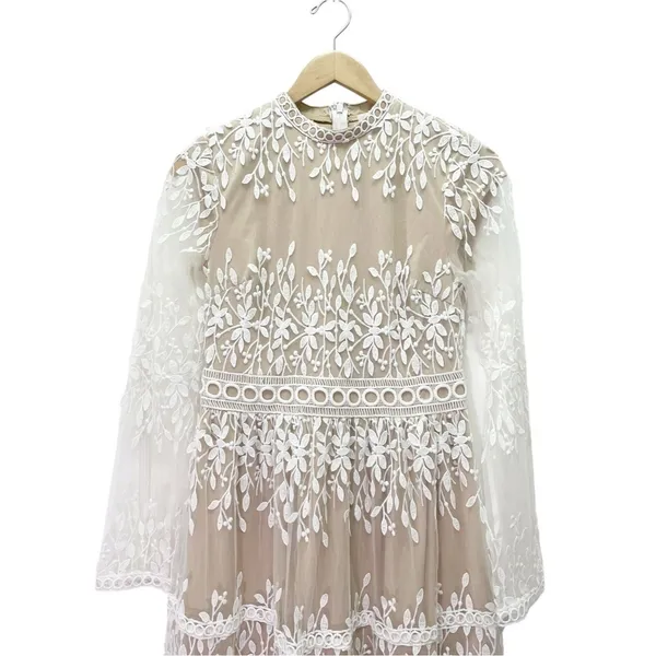 Bohme Lola Lace Midi Dress Small Beige Ivory Embroidered Sheer Long Sleeve Boho - Image 5