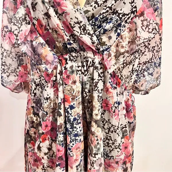 New Zara Floral Chiffon Dress Sz L Fit Flare Short Sleeves Mini Ruffle Wrap - Image 3