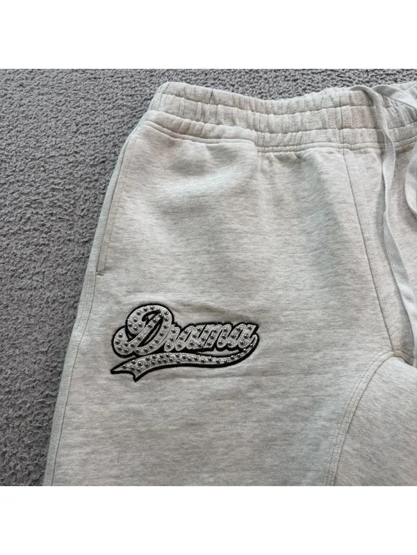 Drama Studded Logo Wide Leg Sweatpants Oatmeal Gray Size Large Oversized Baggy - Image 5