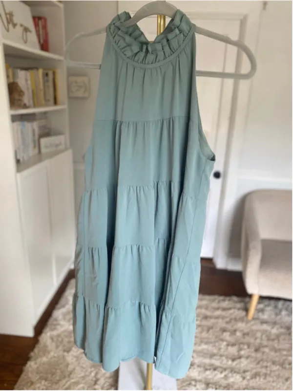 Entro Sage Green Tiered Midi Dress Ruffle Neck Feminine Romantic‎ Quiet Luxury S - Image 2