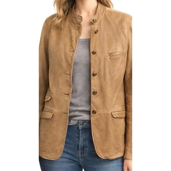 Gap Leather Jacket Women XS Tan Brown Dark Academia Mock Neck Button Blazer - Image 2