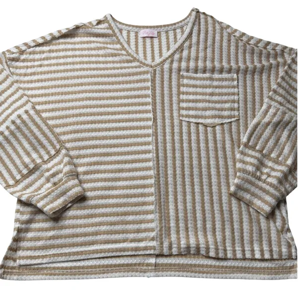 Pink Lily Tan White Striped Oversized Sweater Medium Boxy Coastal Grandmother - Image 4