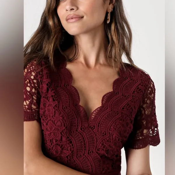 Lulus Angel in Disguise Burgundy Lace Chiffon Flare Skater Dress SMALL‎ - Image 2