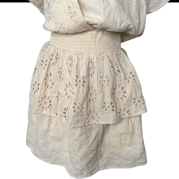 AE Cottagecore BOHO Eyelet Lace Ruffle Tiered Smocked Wrap Mini‎ Dress Size M - Image 4