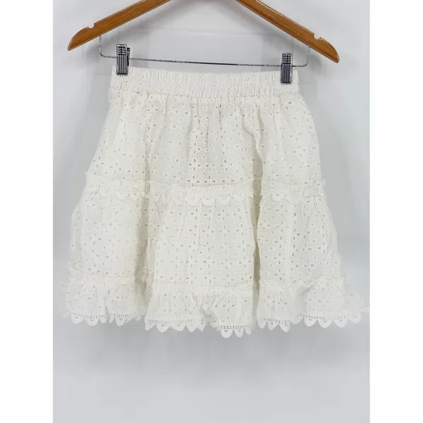 Impressions Eyelet Tiered Mini Skirt Womens Small White Boho Ruffle Coquette NEW - Image 4