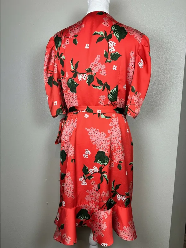 KeepSake Red Floral Wrap Dress with Puff Sleeves Size Large - Image 3