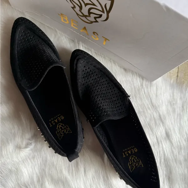 Beast Fashion Black Suede Perforated Studded Loafers NWB - Image 5