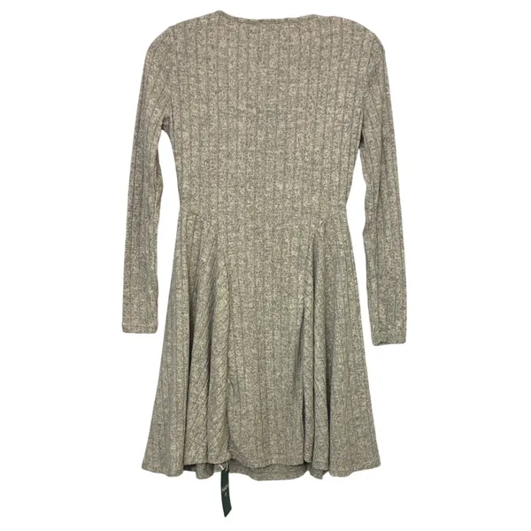 Halara Womens Long Sleeve Ribbed V-Neck Fit & Flare Mini Dress Oatmeal Grey‎ S - Image 4