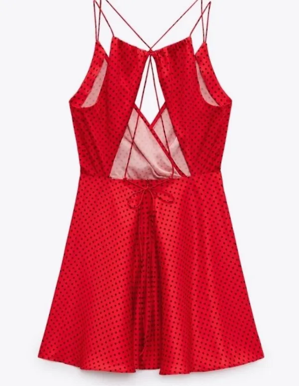 ZARA Satin Effect Red And Black Polka Dot Mini Dress - Image 3