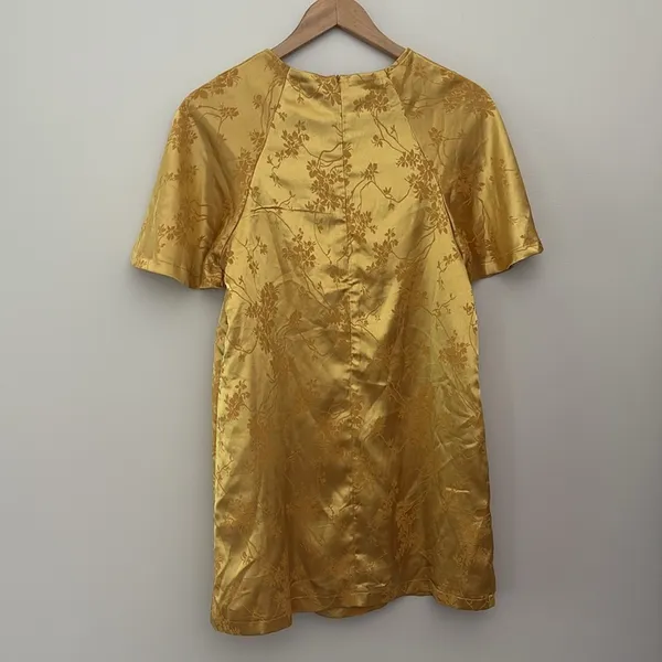 Lulus Blossom Golden Yellow Floral Jacquard Shift Dress‎ Lightweight Satin Sz S - Image 7