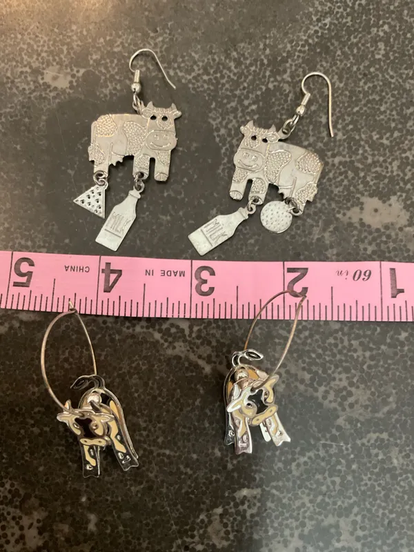 Silver Cow Charm Dangle Earrings - Image 2