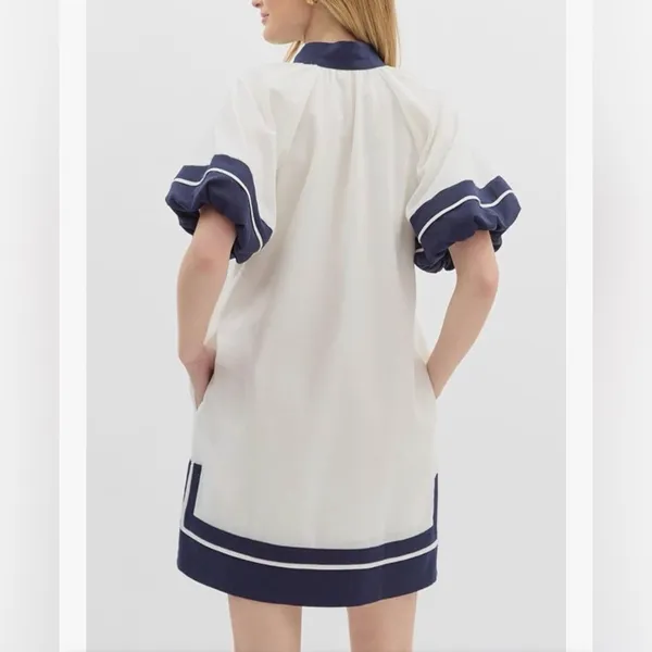 NEW Cotton Color Block Pullover V-Neck Puff Sleeve Mini Dress with Pockets S - Image 2