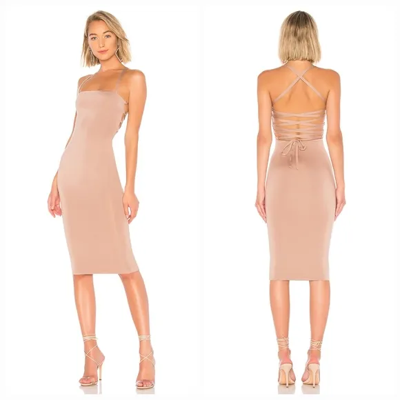 Superdown Yvonne Laced Back Midi Dress in Taupe - Image 2