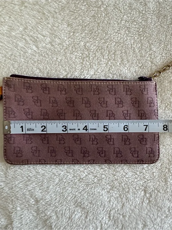 Dooney & Bourke Monogram Wristlet Pouch Purple Tan Coated Canvas Zip Clutch - Image 7