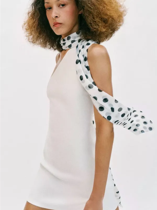 ZARA White One-Shoulder Mini Dress with Polka Dot Scarf - Image 4