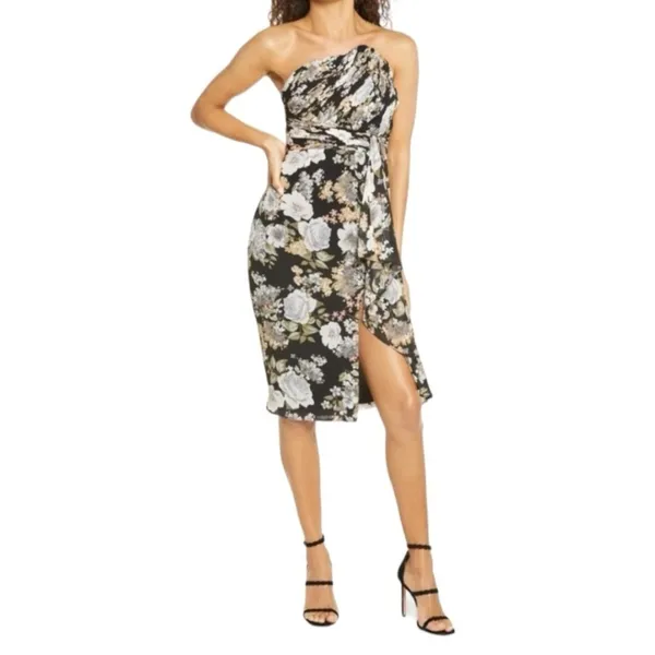 LAVISH‎ ALICE Black Floral Asymmetrical Ruffle Strapless Dress Size US 8 NEW - Image 4