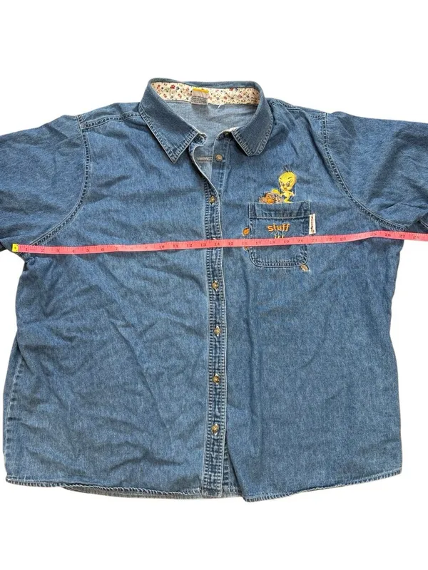 Y2K Vintage Looney Tunes Tweety Bird Stuff It Embroidered Chambray Button Down S - Image 7