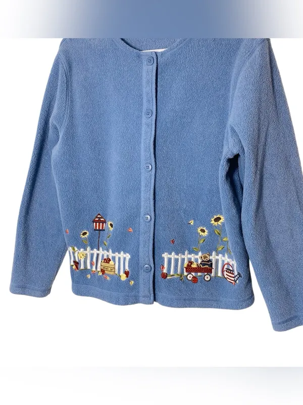 VINTAGE CROFT & BARROW Fleece Embroidered Granny Cardigan - Image 3