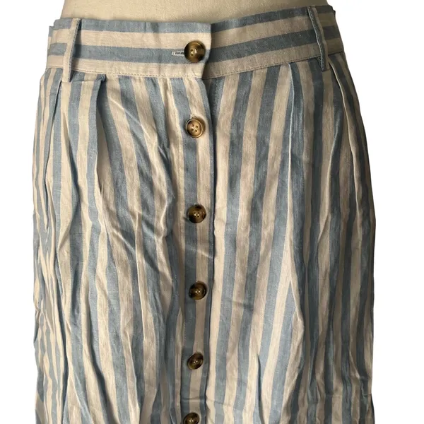 Everly Blue White Striped Linen Blend Button Front Midi Skirt Womens Large‎ - Image 2