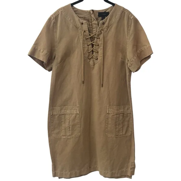 J. Crew‎ Lace up V-Neck Canvas Short Sleeve Khaki Midi Dress Safari Summer 10 - Image 3