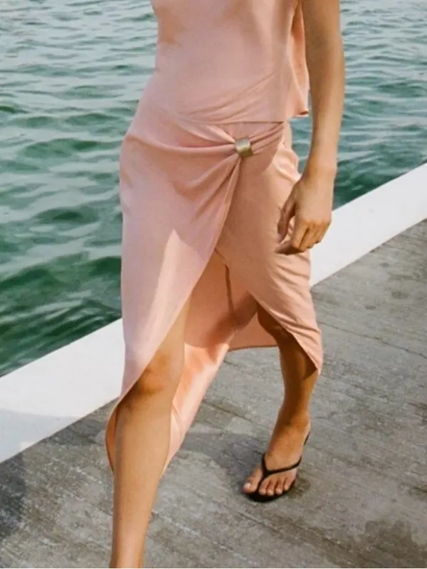 Zara NWT Satin Wrap Midi Skirt in Blush Pink - Image 5