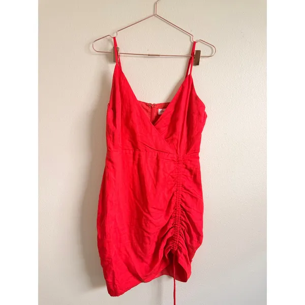 Privacy Please Mini Dress Women Medium‎ Red Kimball Ruched Side Slit V-Neck Wrap - Image 2