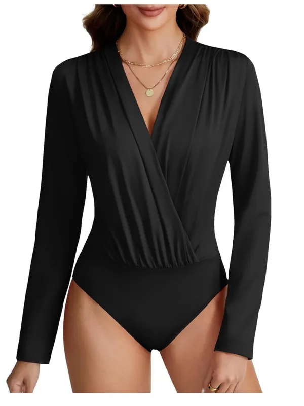 LYANER Women's Wraped V Neck Ruched Long Sleeve Leotard Bodysuit Top XL - Image 3