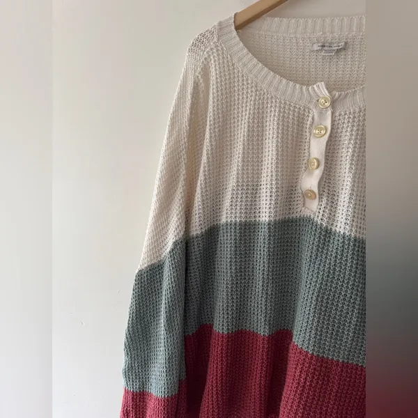American Eagle‎ Women's Colorblock Waffle Knit Henley Oversized Sweater Top - Image 2