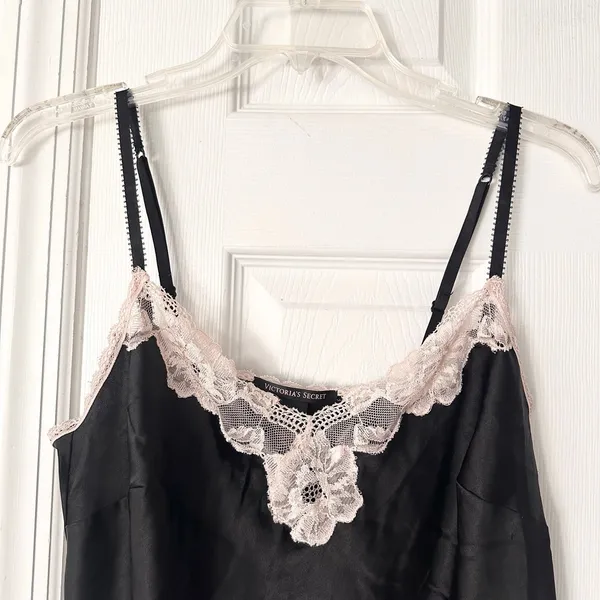 Victorias Secret Black Satin Lace Trim Adjustable Strap Vintage Y2K Neglige Tank - Image 2