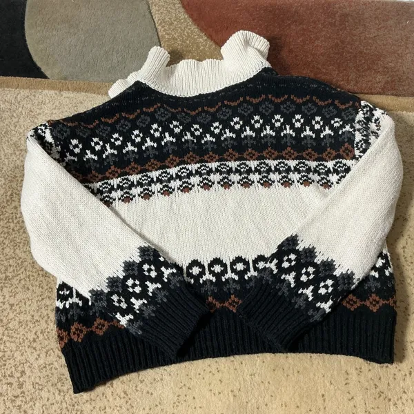 Marled Fair Isle Polo Sweater Women Size S White Black Brown Knit V-Neck Slv - Image 7