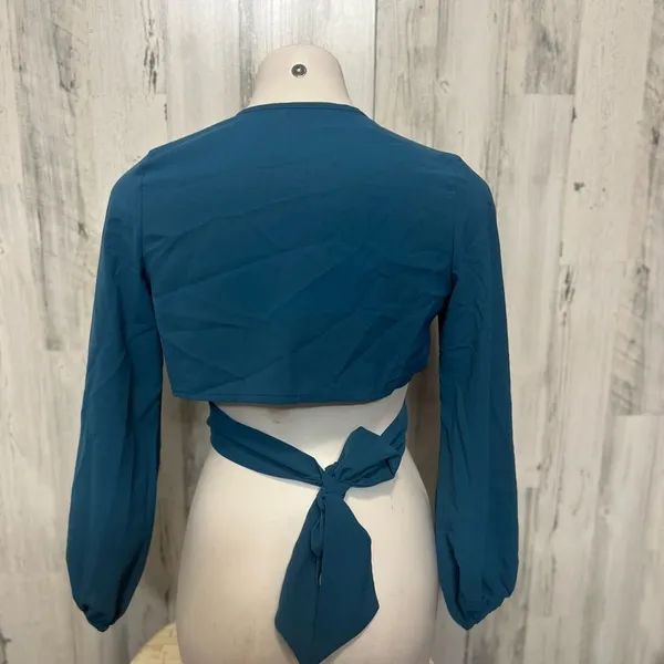 SHEIN Teal Blue O-Ring Long Sleeve Crop Top Womens Size Small S Wrap Tie Back Bl - Image 2