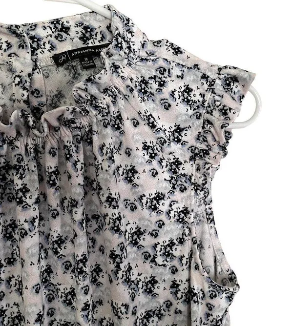 Adrianna Papell white and blue floral high neckline ruched formal business top - Image 2
