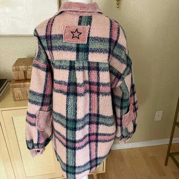 POL Pink Plaid Shacket Corduroy Elbow Patch Oversized‎ Fit Sz Small STYLE SMJ199 - Image 4