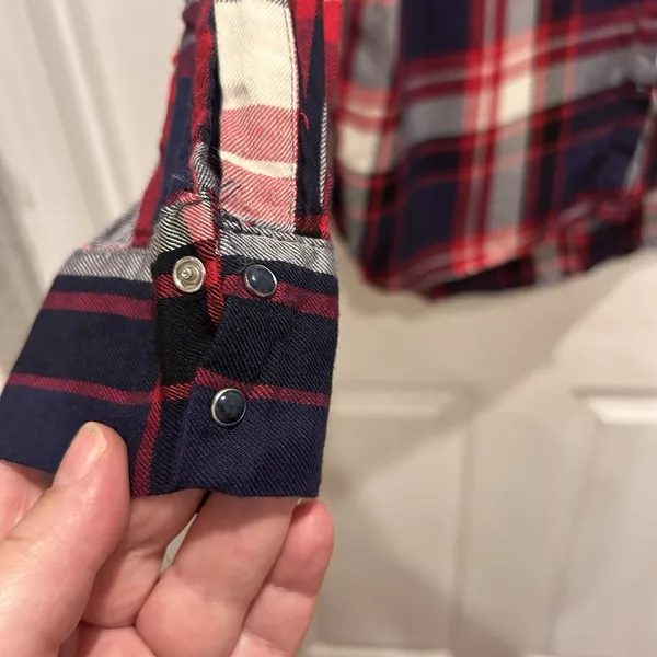 Zara Trafaluc Red Navy Blue Plaid Snap Button Down Flannel Shirt Women Large - Image 4