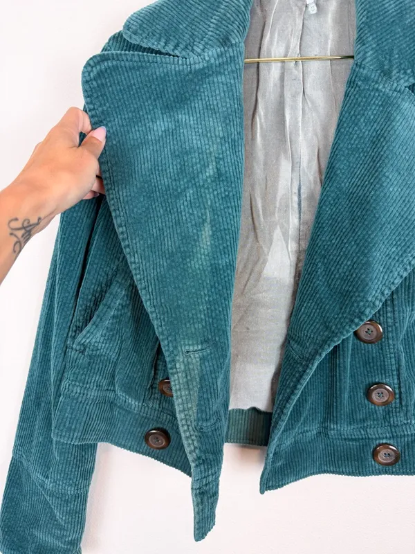 Free People Teal Corduroy Cropped Moto Jacket Size XS - Image 11