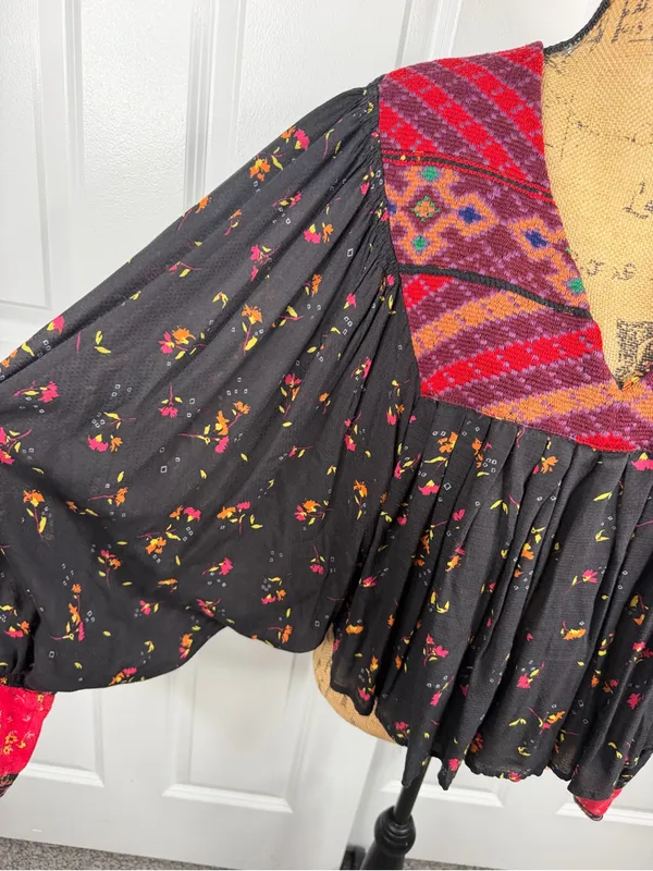 Free People Size L Black Floral Boho Embroidered Babydoll Top - Image 5
