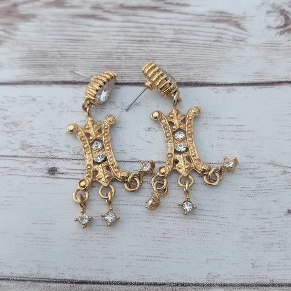 Vintage Earrings for Pierced Ears Ornate Gold Tone & Clear Gem Statement Dangle - Image 6