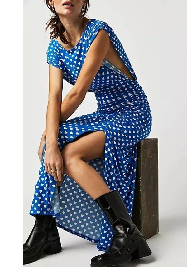 FREE PEOPLE Lakeside Mini Printed Dress in Bluebell Combo Hearts Size Large - Image 12