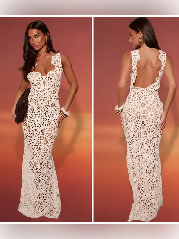 PrettyLittleThing White Flower Crochet Plunge Beach Cover Up Maxi Dress XL NWT - Image 2