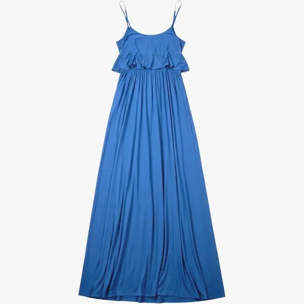 Moulinette Soeurs Anthropologie Blue Jersey Maxi Dress Tie Front Empire Waist M - Image 4