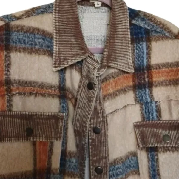 POL Collared Button Down Plaid Shacket Size L Beige Blue Orange - Image 3