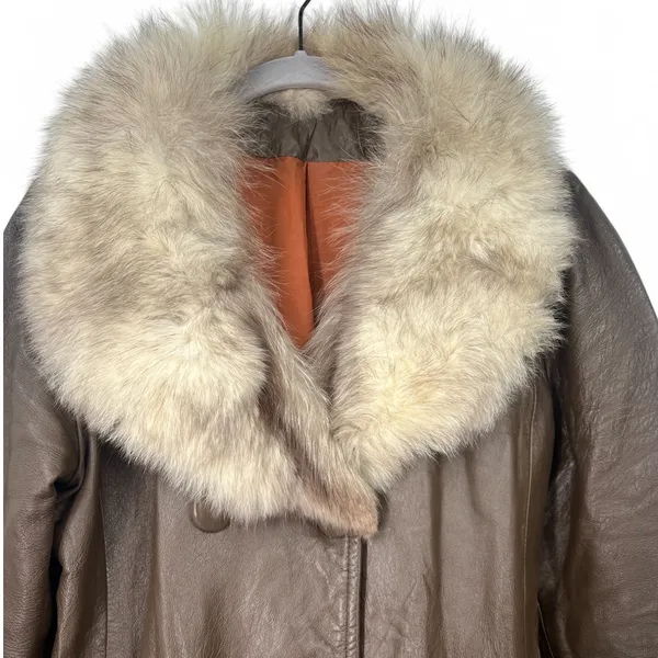 VINTAGE 60's-70's Women's M Penny Lane Fur Collar Leather Trench Coat Jacket - Image 2