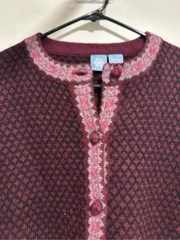 VTG Frost Fair Isle Sz:M geometric knit burgundy/pink Wool Cottagecore cardigan. - Image 8