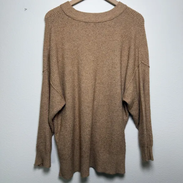 Aerie Women‎ Cozy Up Waffle Sweater Medium Tan Oversized Crewneck - Image 9