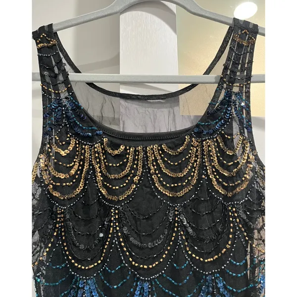 Vintage Art‎ Deco Beaded Scallop Mini Dress Navy Gold Iridescent Flapper - Image 5