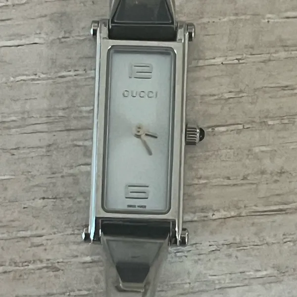 Gucci Silver and Gold Rectangular Watch with Metal Link Band - Image 4