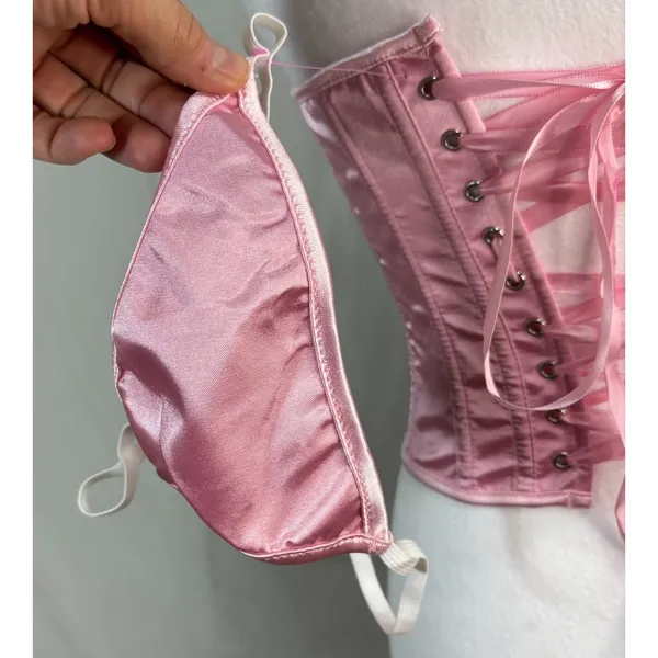 Corset Top Pink Satin‎ Lace Up G-String Set New Burlesque Lingerie Coquette S - Image 5