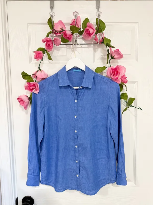 J. McLaughlin 100% Linen Blue Button Down Shirt Coastal Quiet Luxury XS - Image 2
